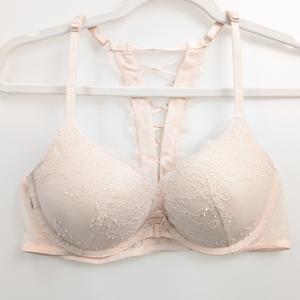 Victorias Secret Very Sexy Push Up Bra Front Close Sz 34B Pink Lace Up Racerback